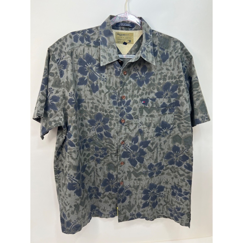 Tommy Hilfiger Cotton Mens Pocket Dress Shirt Short Sleeve Floral Olive Large